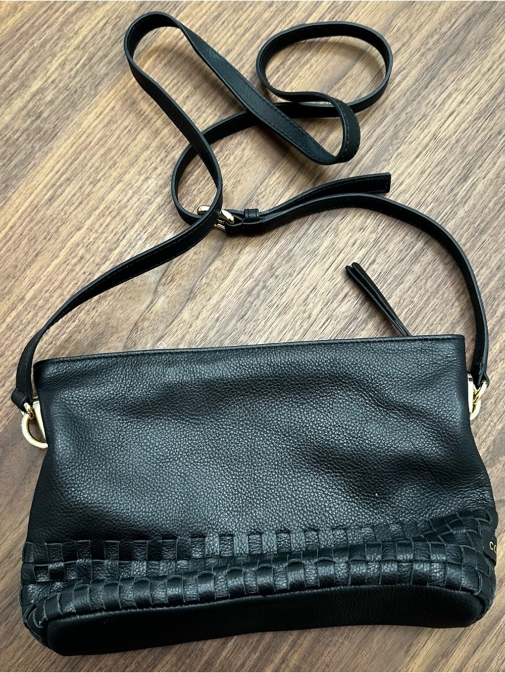 Cole Haan Black Leather Crossbody Bag with woven accent